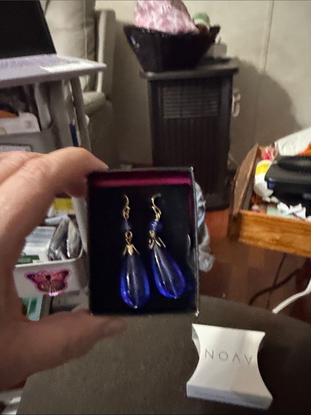 Avon Cobalt Blue Teardrop Dangle Earrings with Gold Hooks